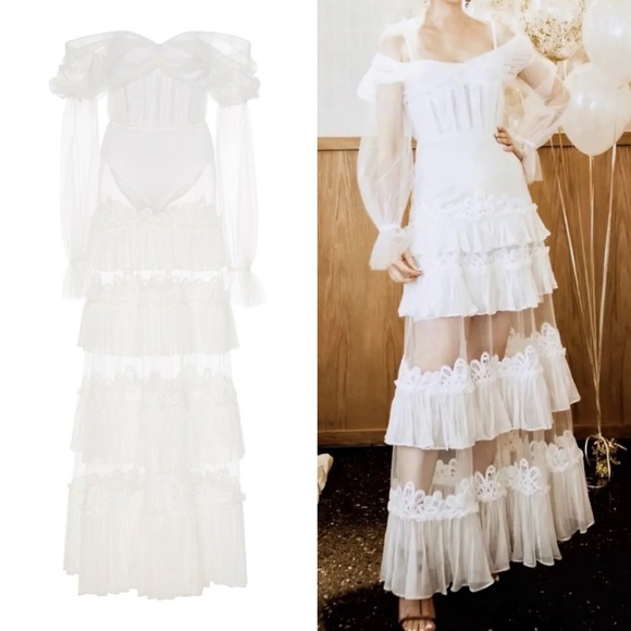 NWT JONATHAN SIMKHAI Threaded Lace Tulle Ruffle dress Size 8 - Picture 15 of 16